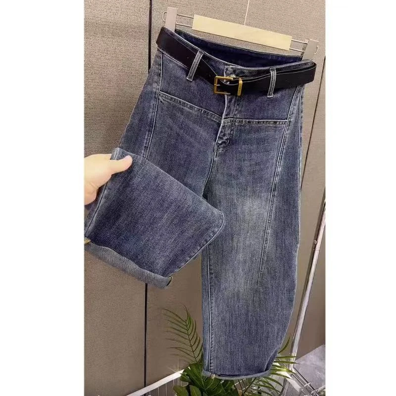 飞芊娅2025年春季新款高腰牛仔裤女款梨形身材宽松显瘦弯刀阔腿裤