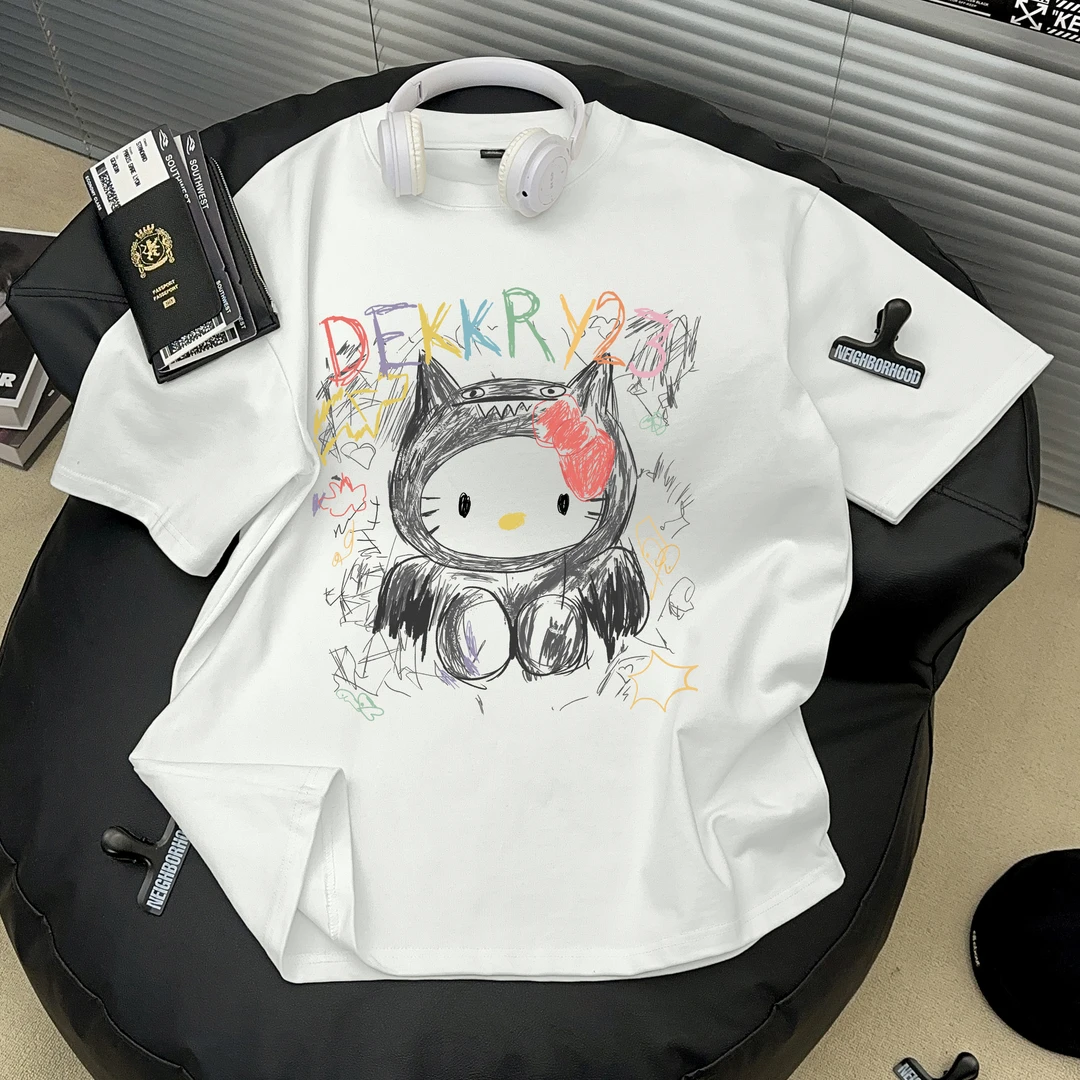 Dekkry夏季休闲百搭纯棉T恤重磅上衣美式个性卡通线条字母短袖男