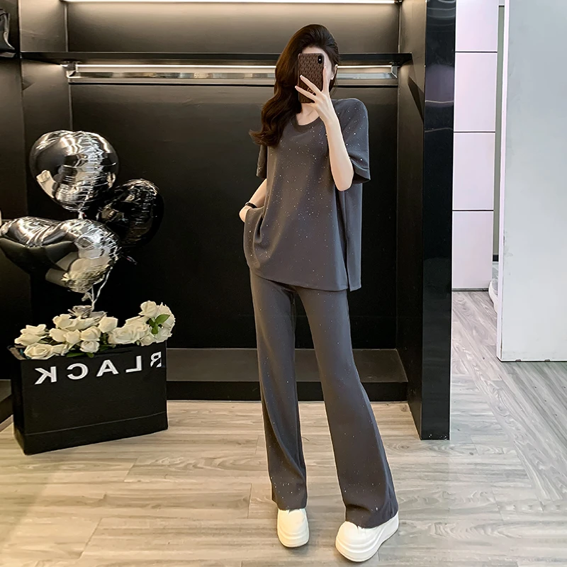 欧货灰色休闲运动套装女夏季宽松洋气显瘦闪闪上衣直筒裤两件套潮