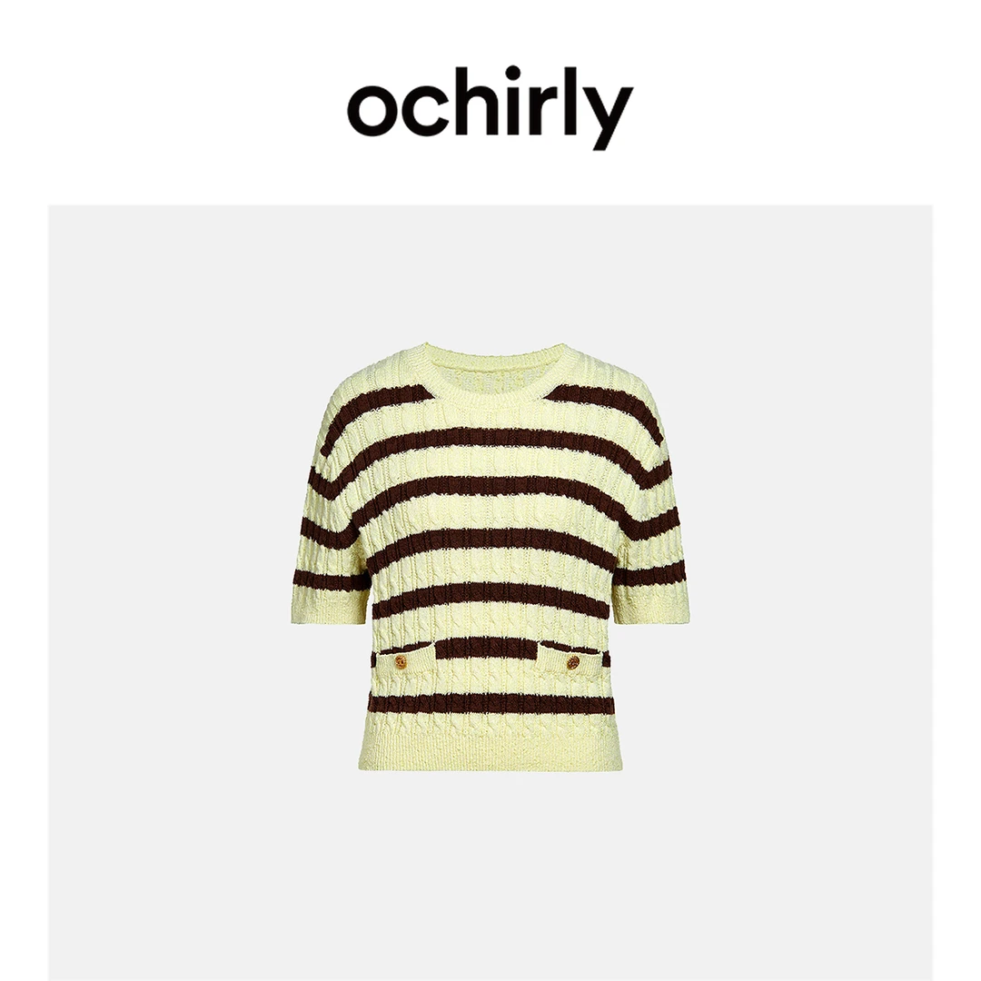 撞色条纹短袖针织衫女 OCHIRLY欧时力新款春装短款透气修身