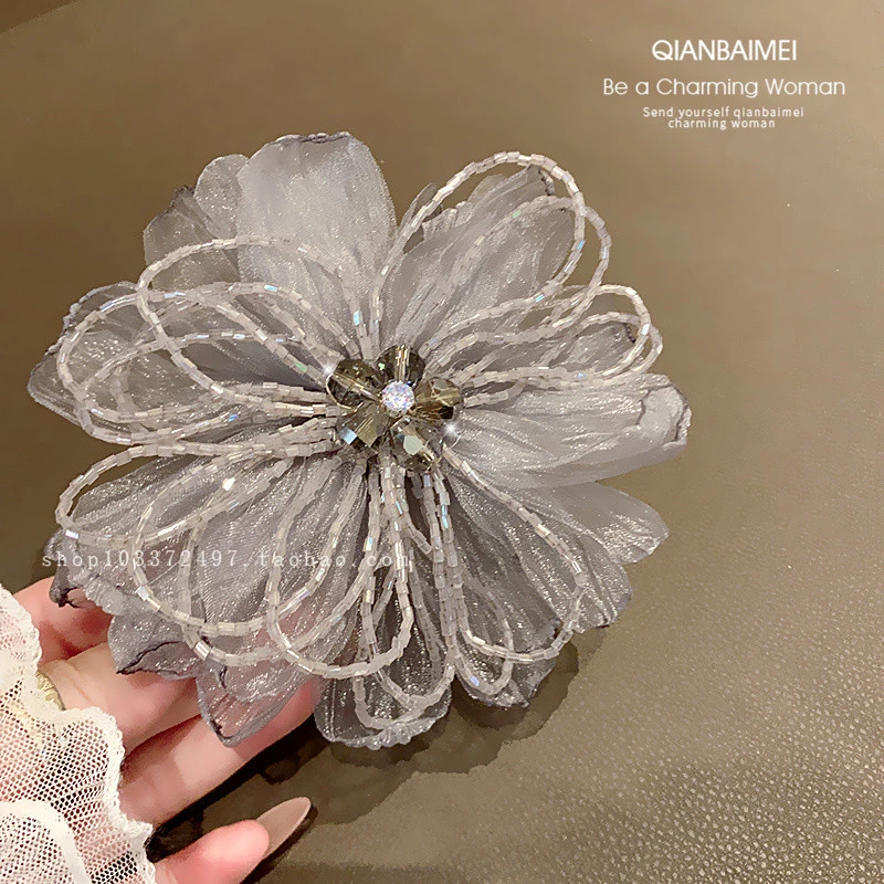 仙美网纱花朵大号发夹水晶串珠边夹时尚弹簧夹后脑勺顶夹发卡头饰