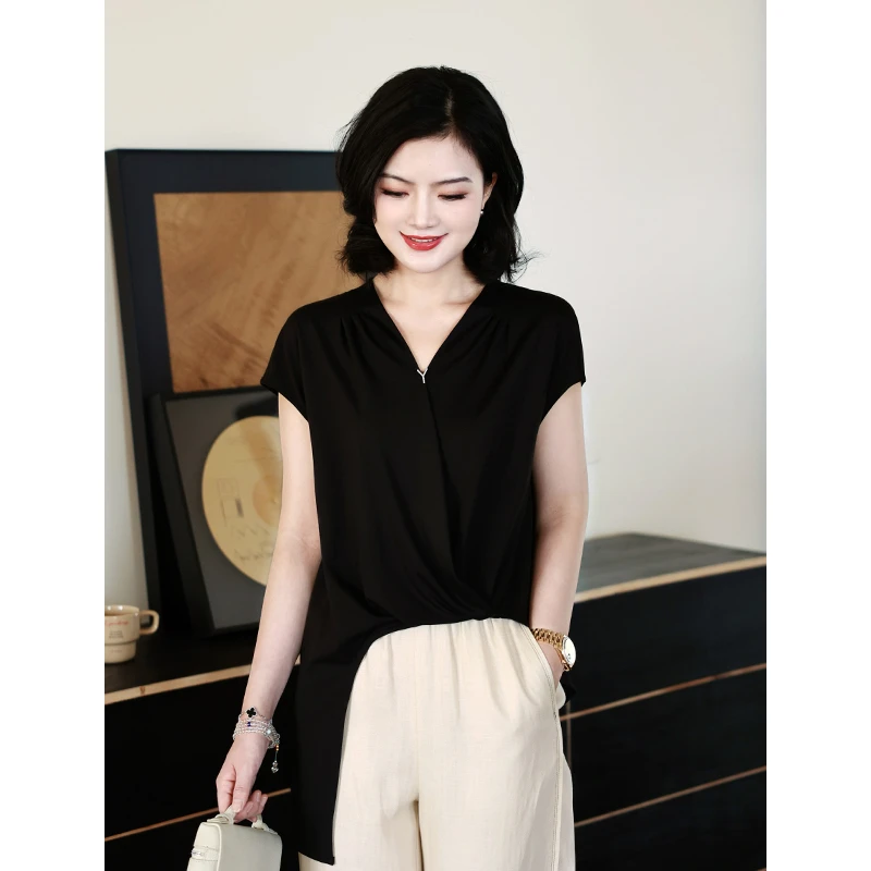 阿楠ananV领百搭纯色字母金属扣不规则下摆结构衬衣女夏新款上衣