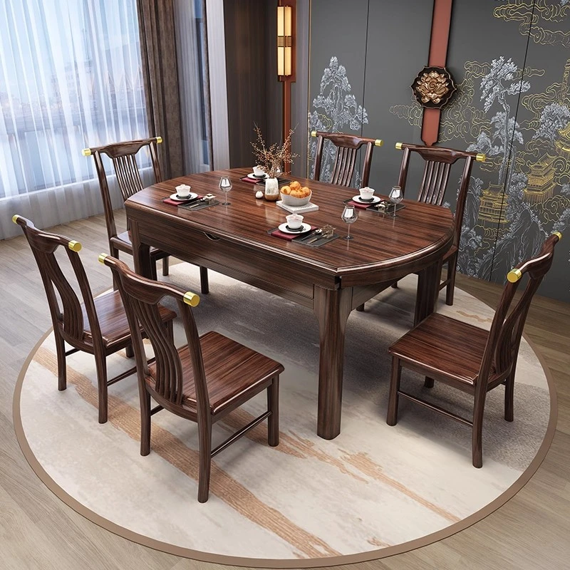 新中式乌金木全实木餐桌椅组合餐厅客厅可伸缩家用吃饭店岩板桌子
