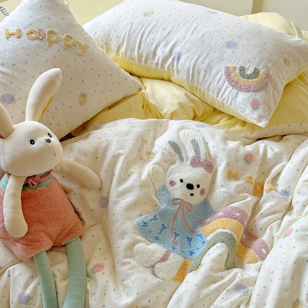 ins 双层纱可爱波点全棉四件套纯棉小清新床单被套学生宿舍三件套