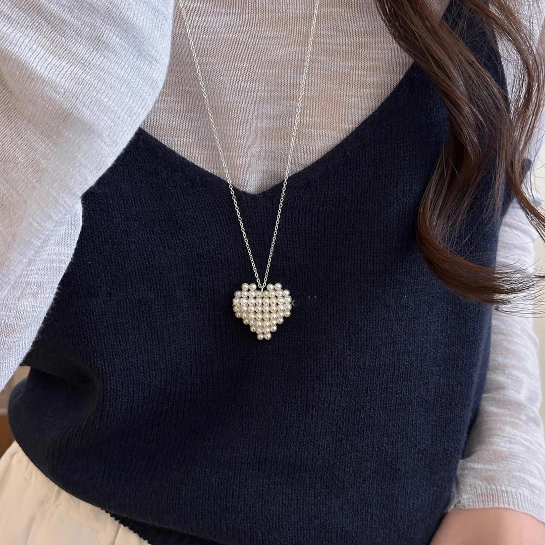 合金项链 银色珠珠爱心长款项链爆款锁骨链轻奢百搭小众高级配饰