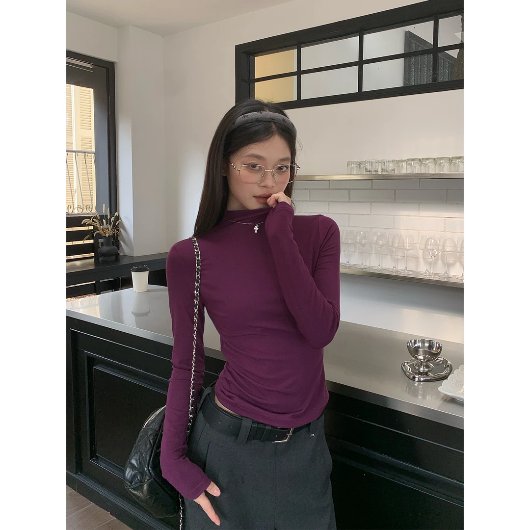 宋正恩紫色莫代尔半高领打底衫女秋季新款内搭修身高级感长袖上衣