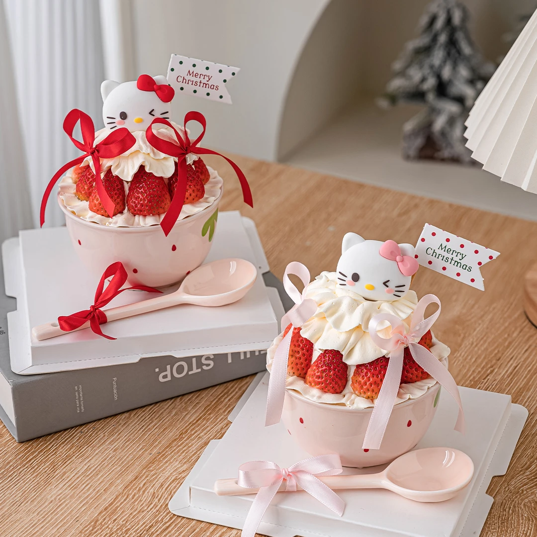 2026网红圣诞节粉色奶油陶瓷碗蛋糕装饰小猫甜品草莓碗摆件插件