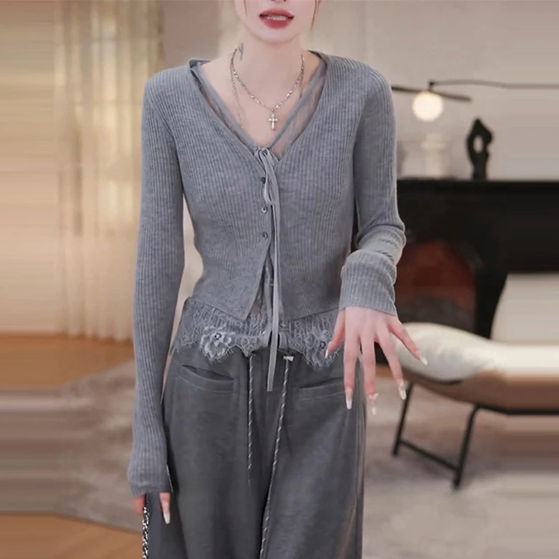春夏新款针织衫女高级感简约v领单排扣毛衣开衫修身显瘦气质上衣