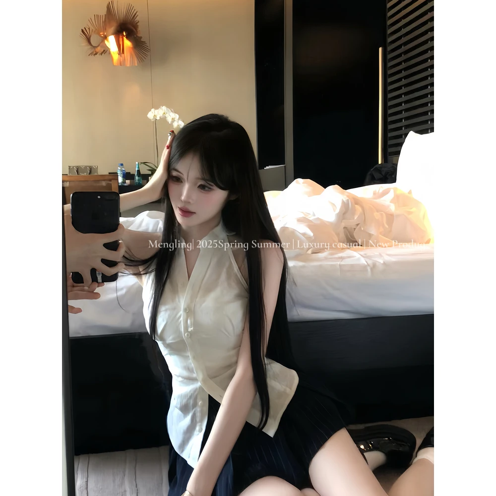 Mengling梦玲 夏日风铃 韩系纯亚麻清爽无袖翻领挂脖修身衬衫