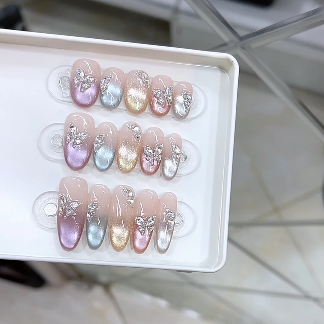 五彩蝶纯手工光疗美甲贴果冻贴片指甲穿戴甲简约梯形重复使用