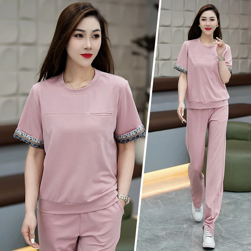 夏款圆领减龄短袖女装两件套舒适直筒裤洋气绣花百搭遮肉潮款套装
