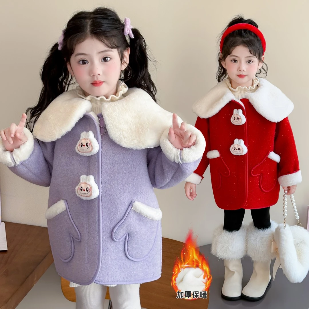 冬季新款年服拉布布女童皮毛一体女宝宝毛呢大衣外套洋气加绒加厚