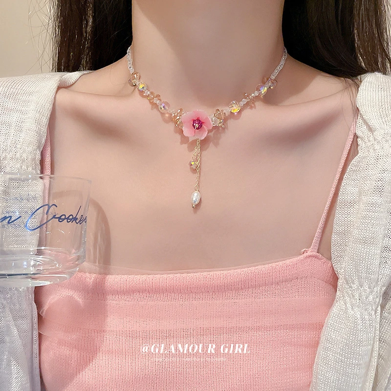 铜合金亚克力项链 小清新花朵人造珍珠水晶款甜美个性高级感 项链