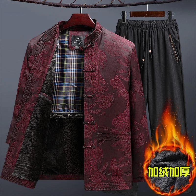 BOMP中国风中老年人唐装男加绒加厚中山装爸爸外套装爷爷生日过寿