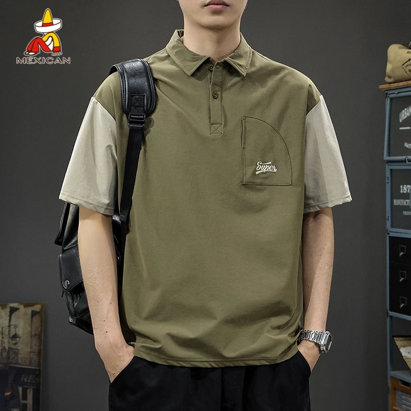 Mexican/稻草人潮牌男士夏季Polo衫短袖日系复古宽松休闲撞色上衣