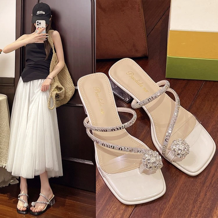 【COCO】粗跟高跟仙女风水钻套趾拼色夏季中跟法式一字拖凉拖鞋