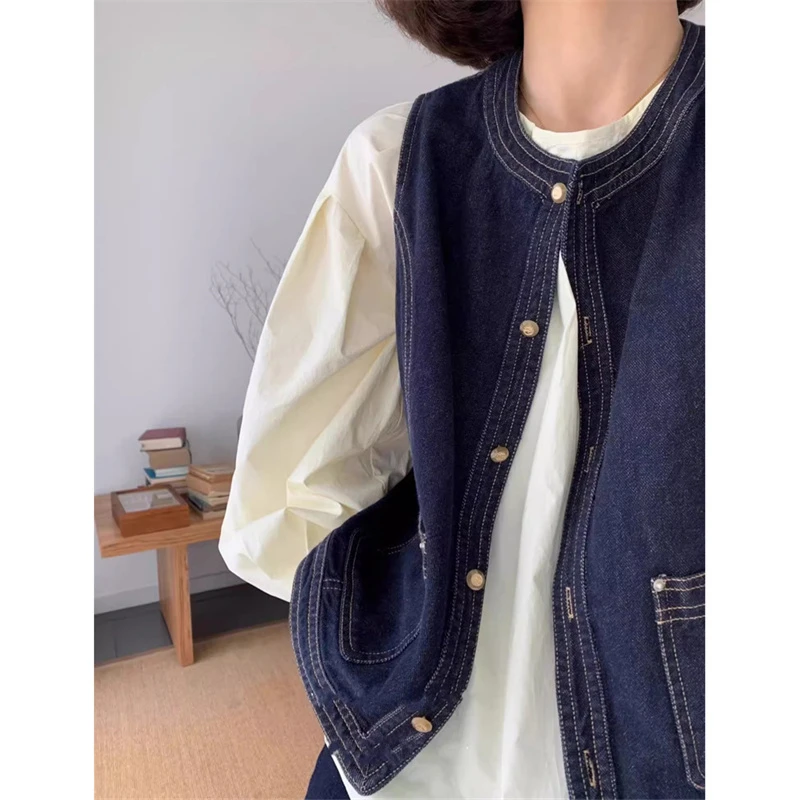 日系复古牛仔马甲外套女秋冬新款叠穿百搭高级感坎肩马夹无袖开衫