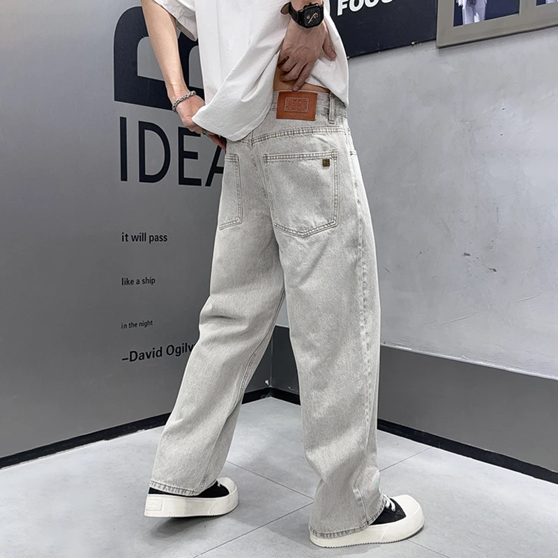 春夏新款浅灰色高端牛仔裤男士夏季宽松百搭插肩袖的短袖