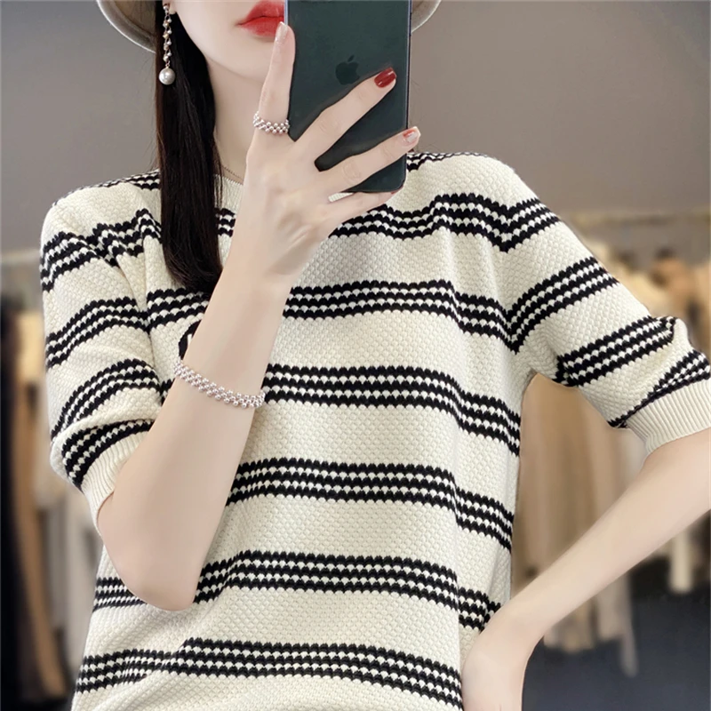 纯棉新疆棉 女士圆领条纹宽松刺绣短袖T恤