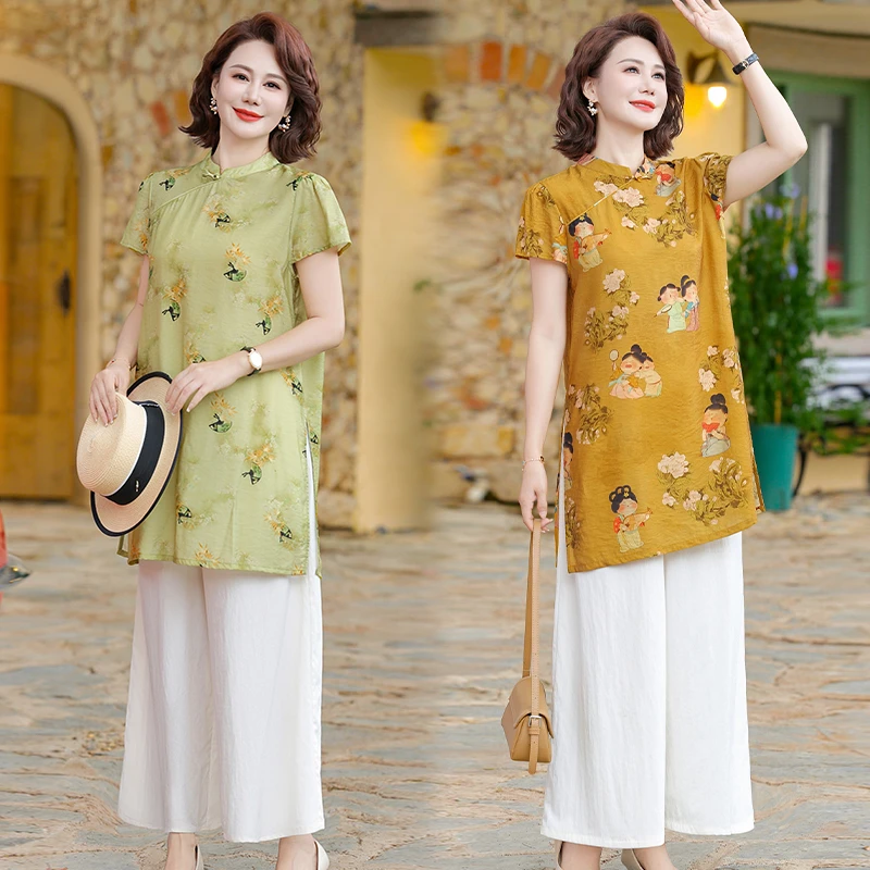 夏季新款新中式国风气质高级感洋气穿搭两件套印花上衣+白裤子