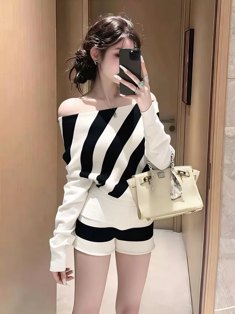 法式休闲风性感风时尚设计感黑色条纹百搭轻奢气质连体裤显瘦