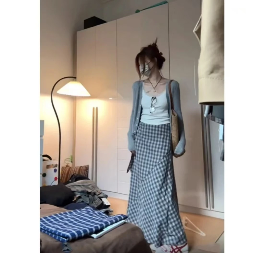 格子系带包臀裙a字半身裙女春夏小个子高腰垂坠感长裙气质半裙子