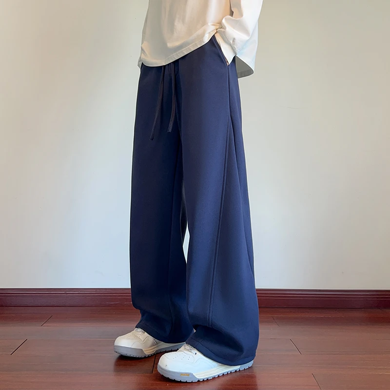 男士弯刀秋冬季长裤子宽松加绒加厚卫裤简约纯色休闲裤美式阔腿潮
