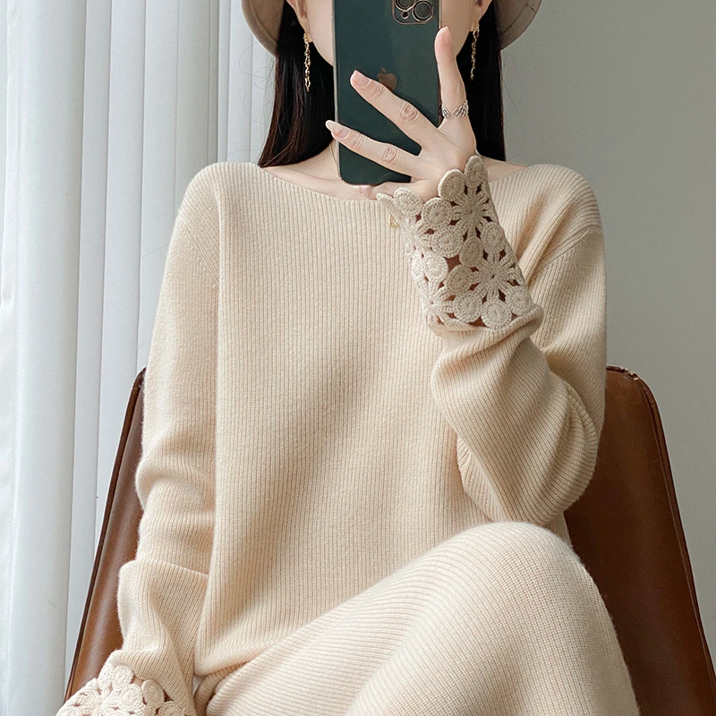 羊范秋冬新款100%纯羊毛针织时尚套装女圆领元宝针钩花重工两件套