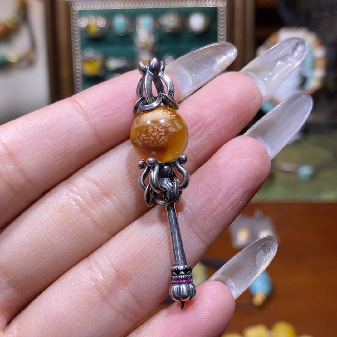 银S925镶嵌颈饰琥珀锁骨链