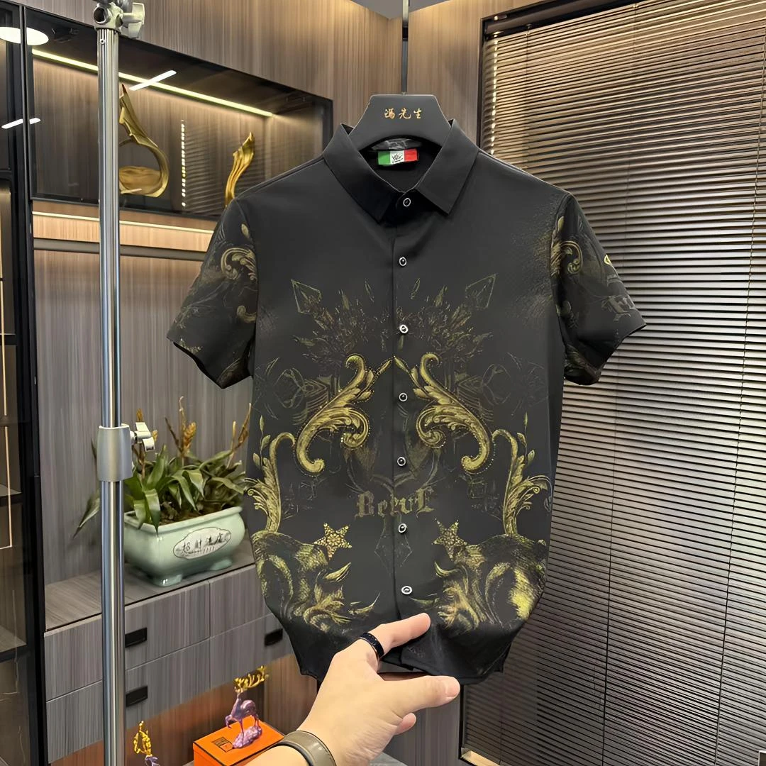 男士轻奢夏季衬衣短袖夏季修身翻领潮流百搭衬衫商务时尚短袖