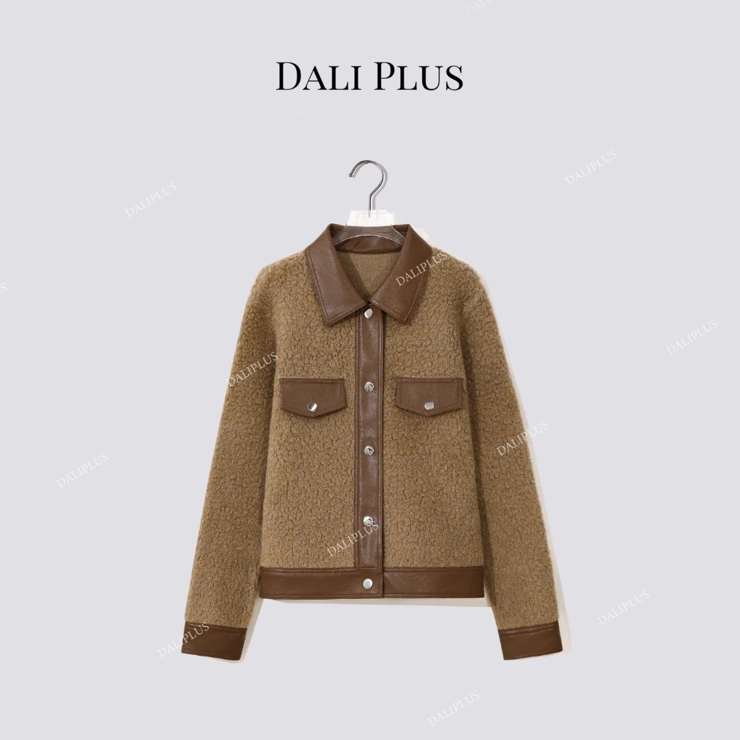 DALI PLUS“重磅100绵羊毛”拼皮翻领针织外套-D5MM3028