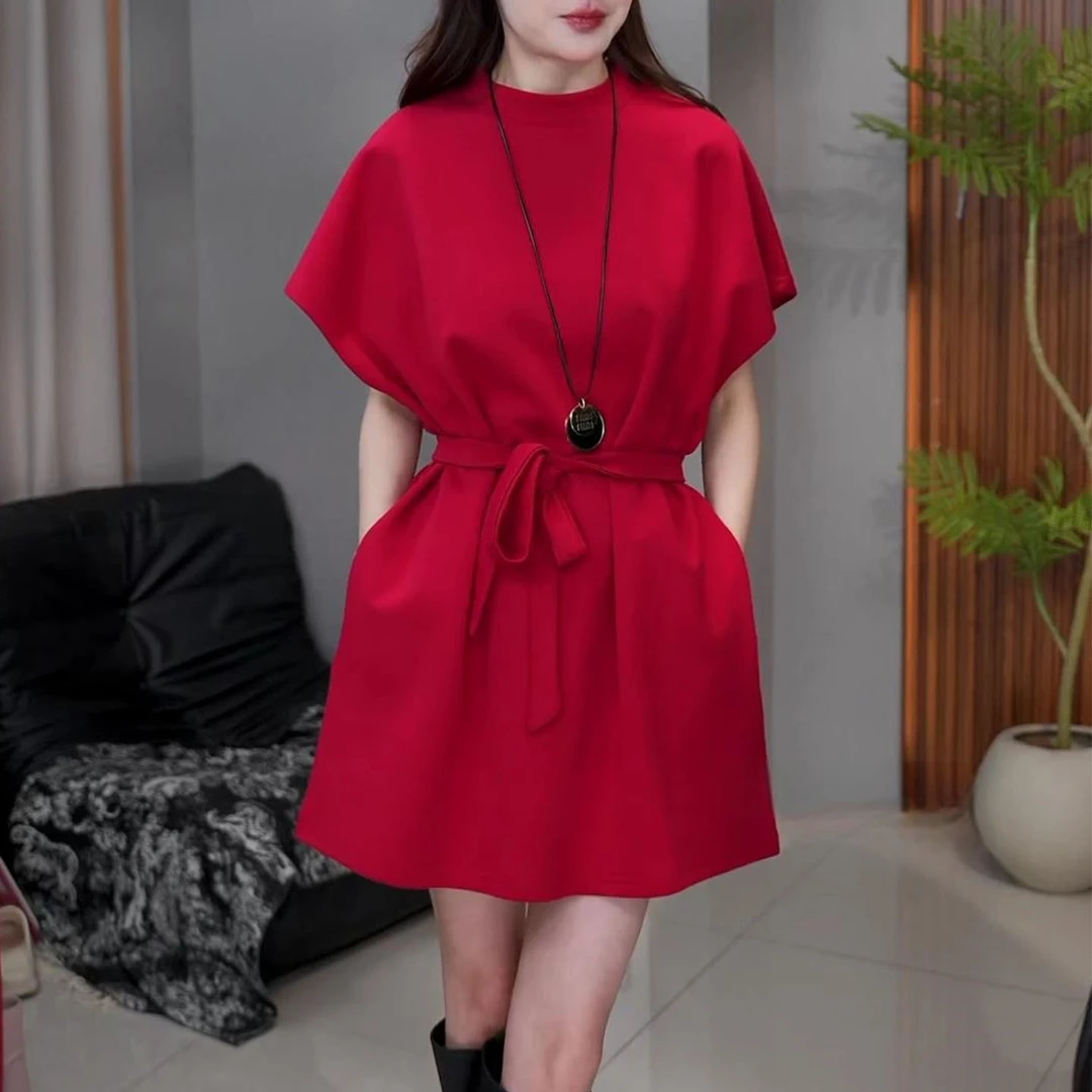 时尚设计感短袖连衣裙女2026夏季新款宽松显瘦中长款系带休闲裙子