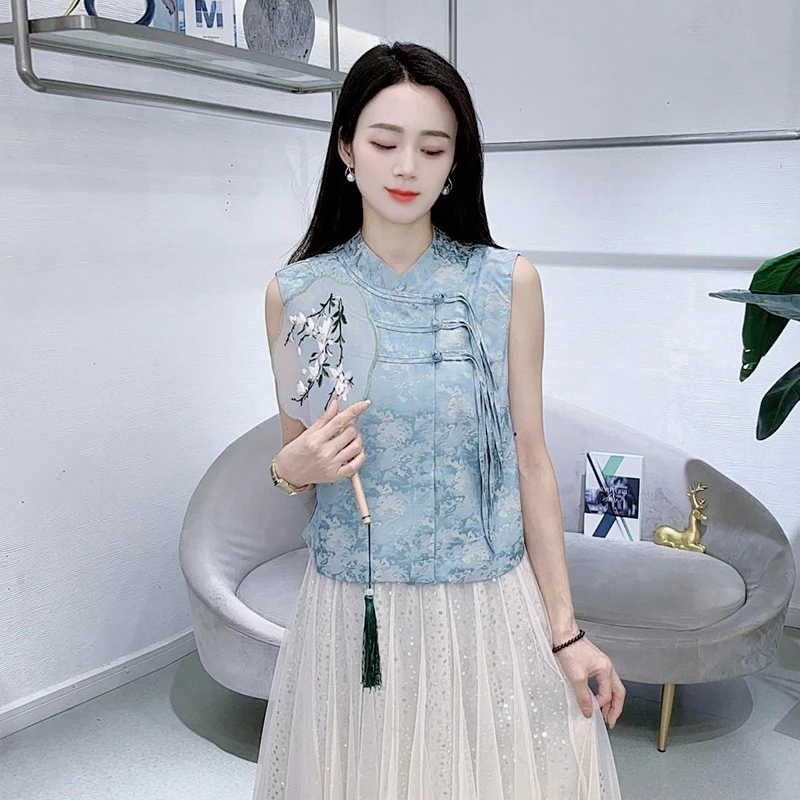 时尚衬衫女2025夏季新款时髦洋气国风立领上衣盘扣流苏无袖背心潮