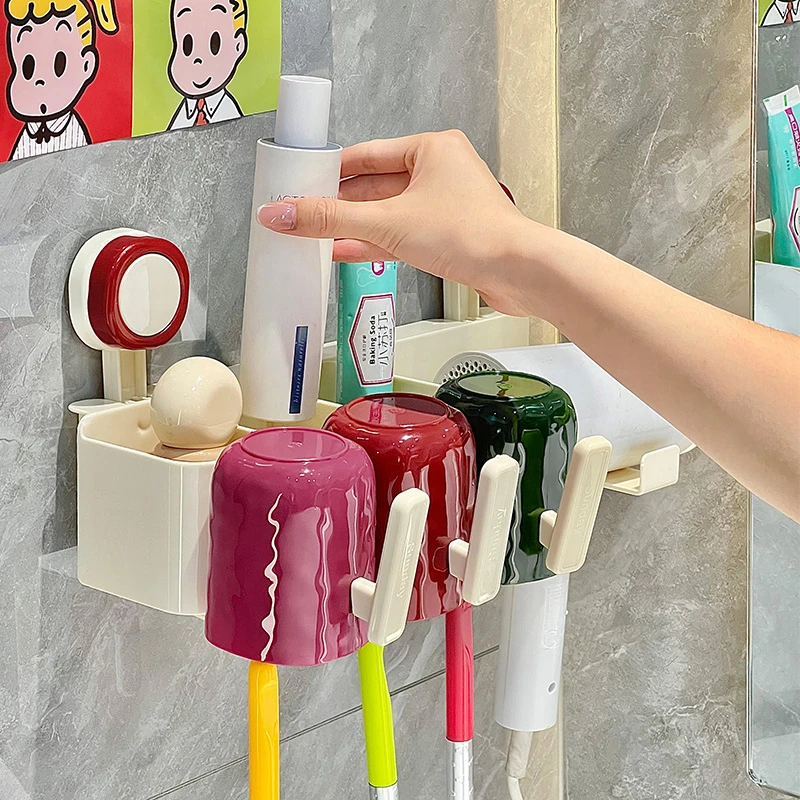 撞色复古风吸盘牙刷置物架壁挂式卫生间吹风机支架漱口杯架牙杯架