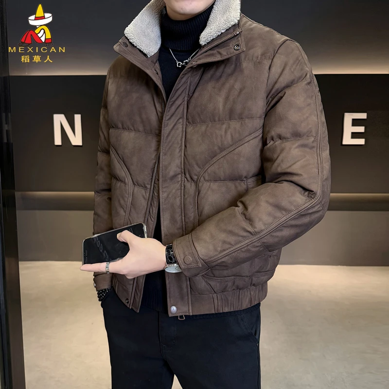 稻草人高端羊羔毛领皮羽绒服男士冬季装潮流修身短款加厚保暖外套