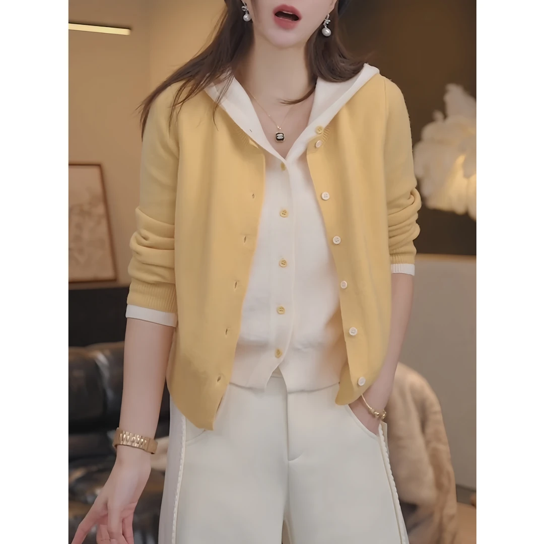 春装新款假两件连帽拼接针织衫女减龄显瘦长袖开衫外套百搭毛衣