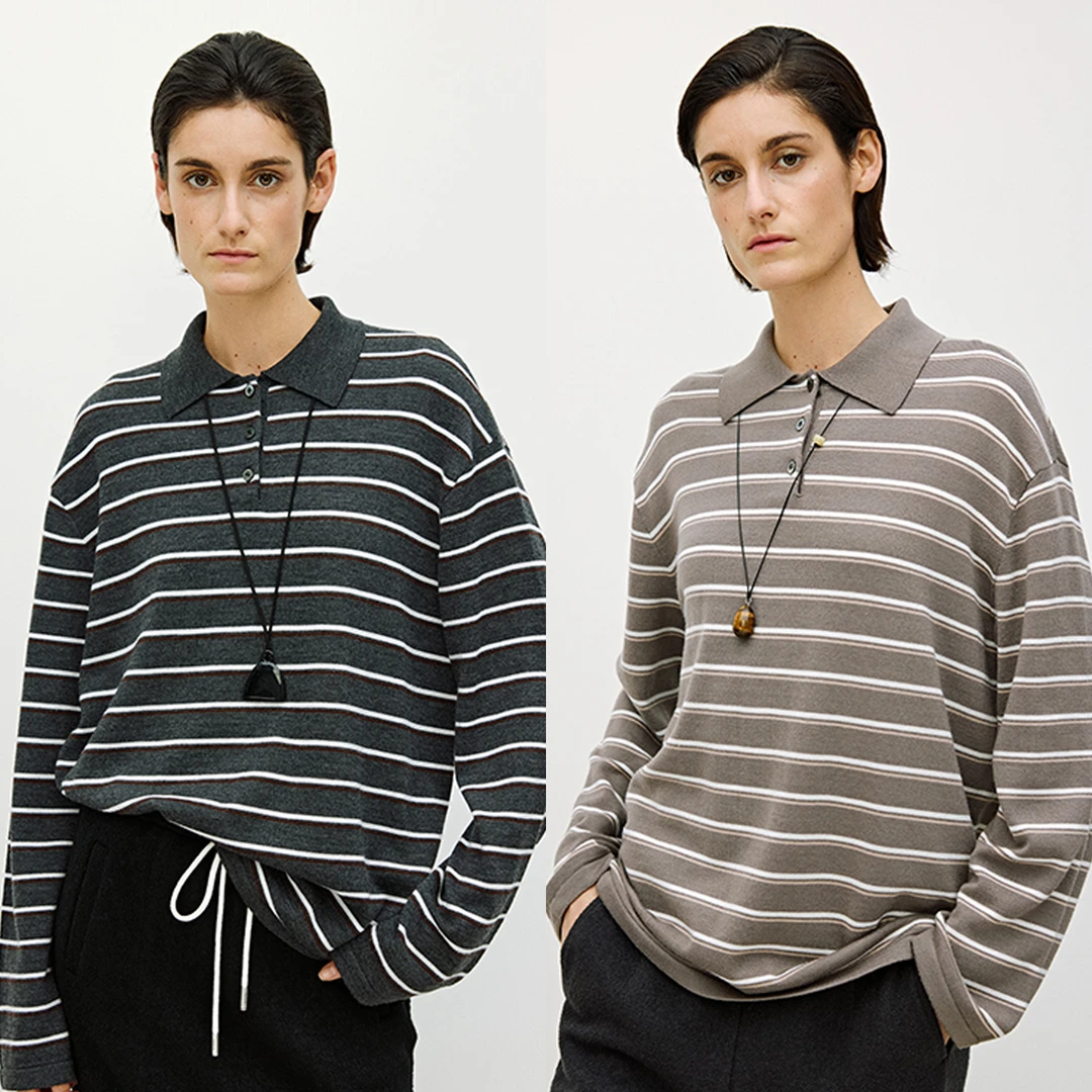 MARIUS复古撞色细条纹佰搭纯羊毛宽松POLO衫秋冬