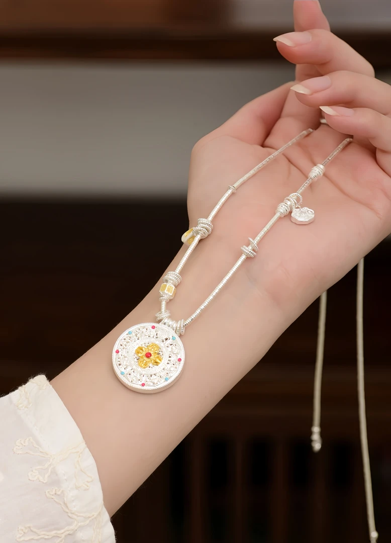 吊坠足银 珐琅罗盘+盘缠线圈银项链毛衣链 足银999