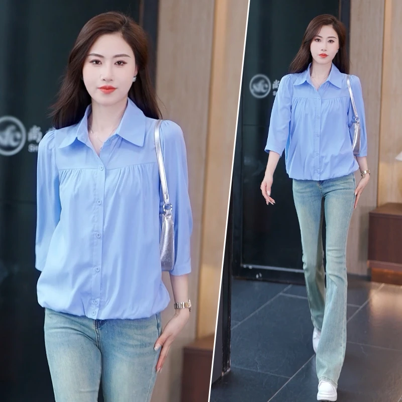 短款蓝色衬衫女春秋季2025年新款时尚减龄七分袖上衣遮肉显瘦衬衣
