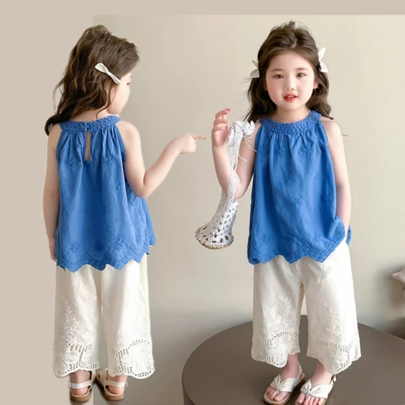 女童韩系套装2025夏装新款洋气女孩刺绣娃娃衫加阔腿裤两件套