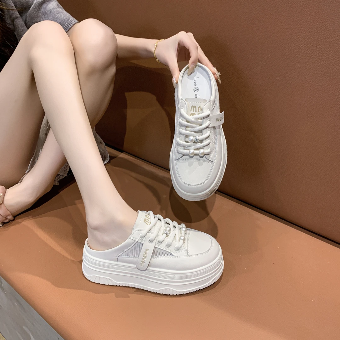 网面包头半拖鞋女夏季外穿2025新款厚底增高休闲小白鞋懒人凉拖鞋