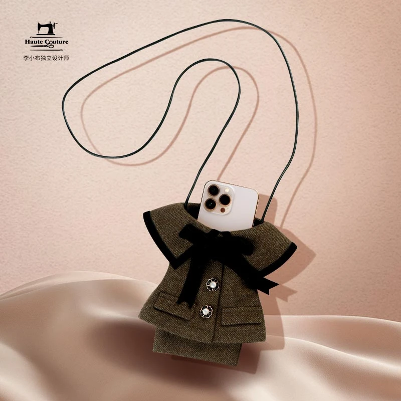 【小安娜】时尚毛呢百搭蝴蝶结手机包复古个性便携韩版挂脖小包包