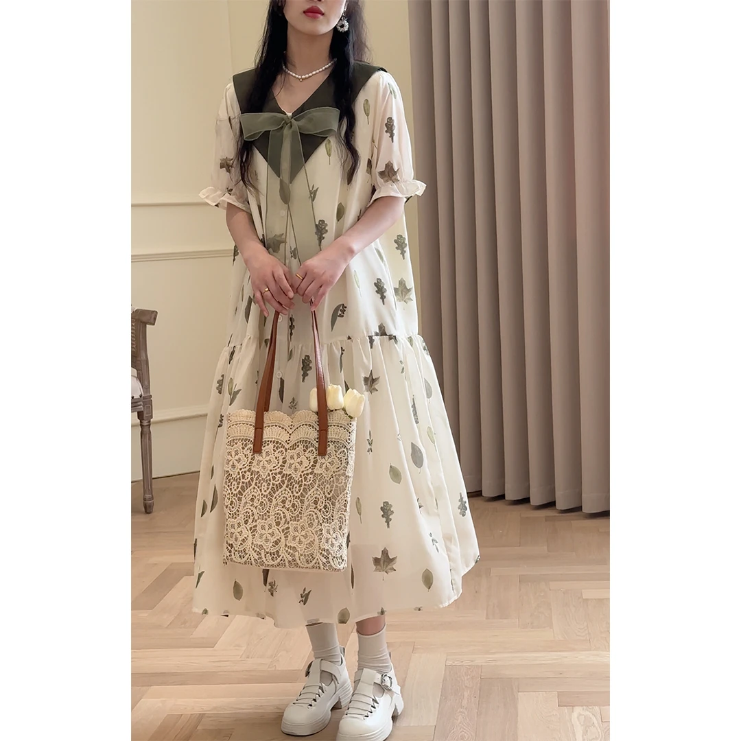茶园M7256印花全开扣系带娃娃领短袖连衣裙宝藏衣橱宝藏衣橱