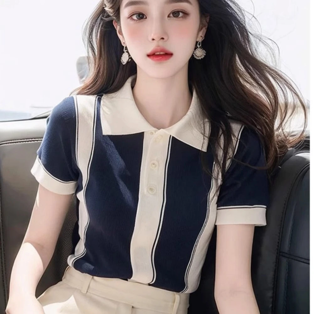 哥弟阿玛施正品专柜2025夏新款法式小香风翻领蓝色条纹短袖T恤女