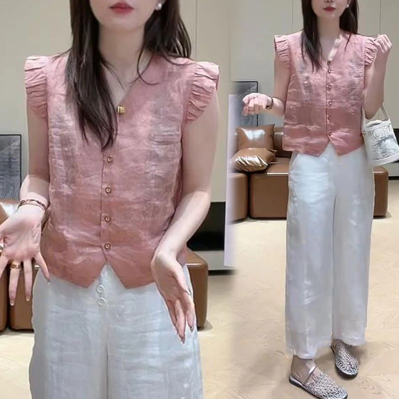 时尚气质V领坎肩袖衬衫女士2025夏季新款阔腿休闲裤高级感两件套