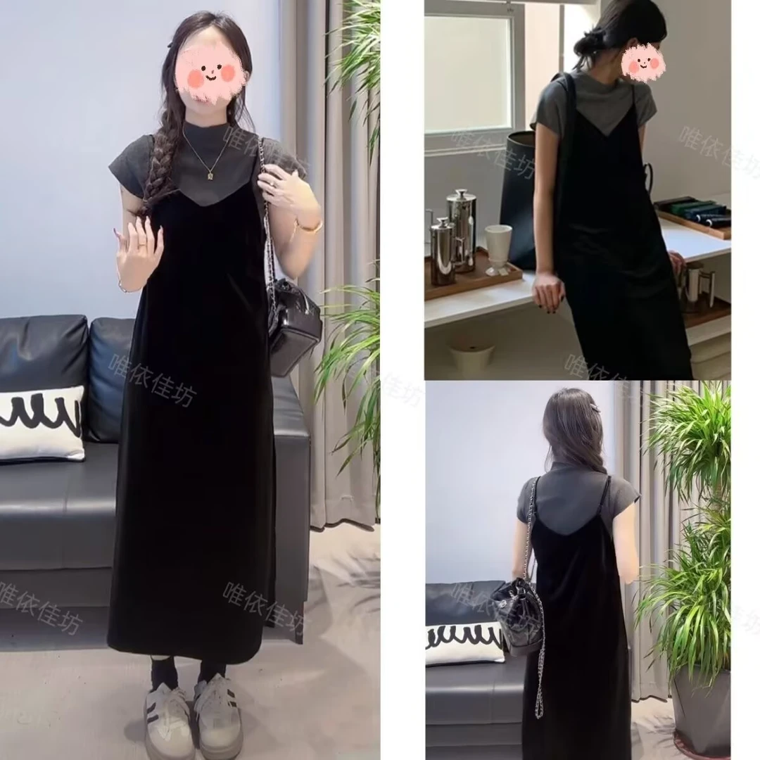 2025秋季新款法式气质短袖打底衫搭配黑色丝绒吊带连衣裙套装女