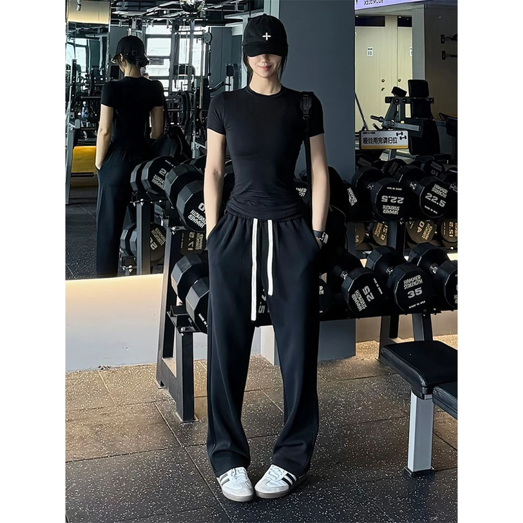 黑色美式弯刀卫裤男款夏薄款高街vibe垂感微喇裤子健身运动休闲裤