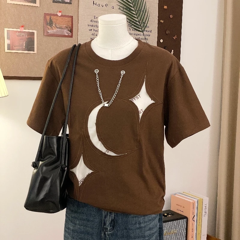 夏季大码300斤潮牌星星月亮贴布短袖t恤男女情侣宽松小众痞帅上衣