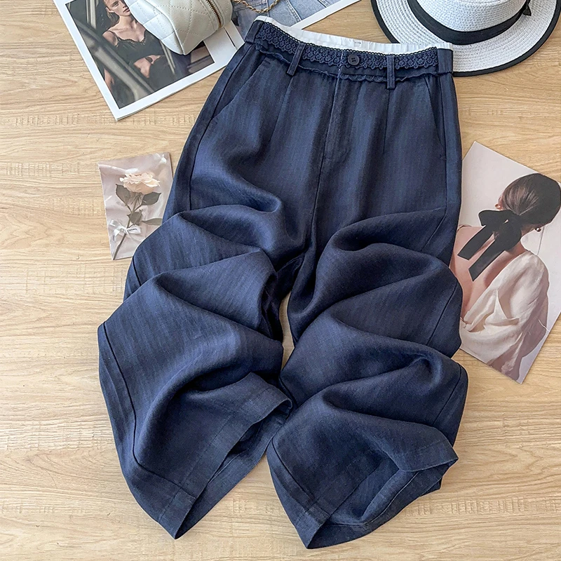 拉夏贝尔藏青色裤子网红款2025新款爆款高腰宽松垂坠感直筒阔腿裤