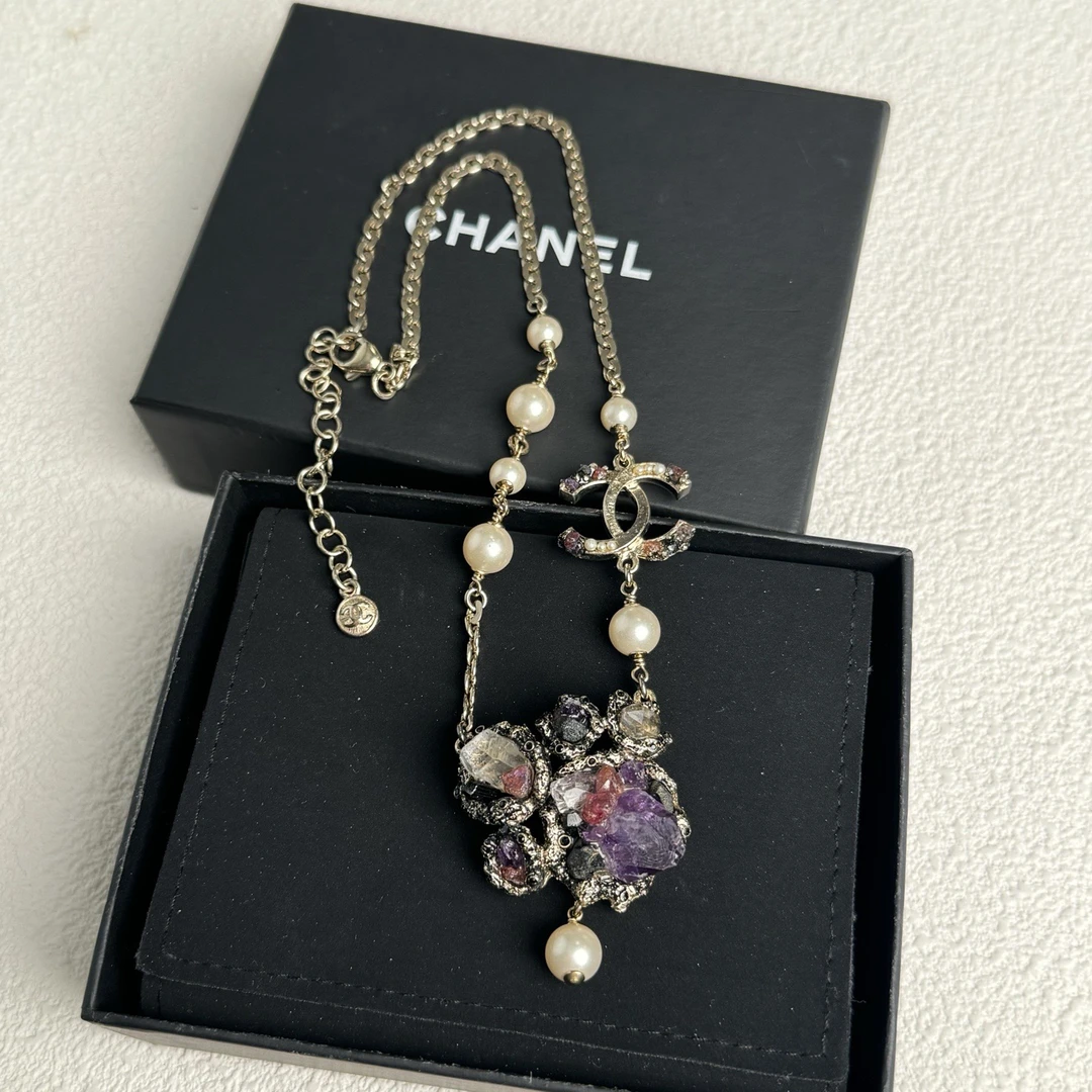95新 Chanel/香奈儿 泡泡中古Chanel紫水晶珍珠项链